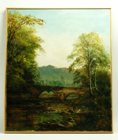 Irish/British 19th C Oil Canvas Landscape w Bridge