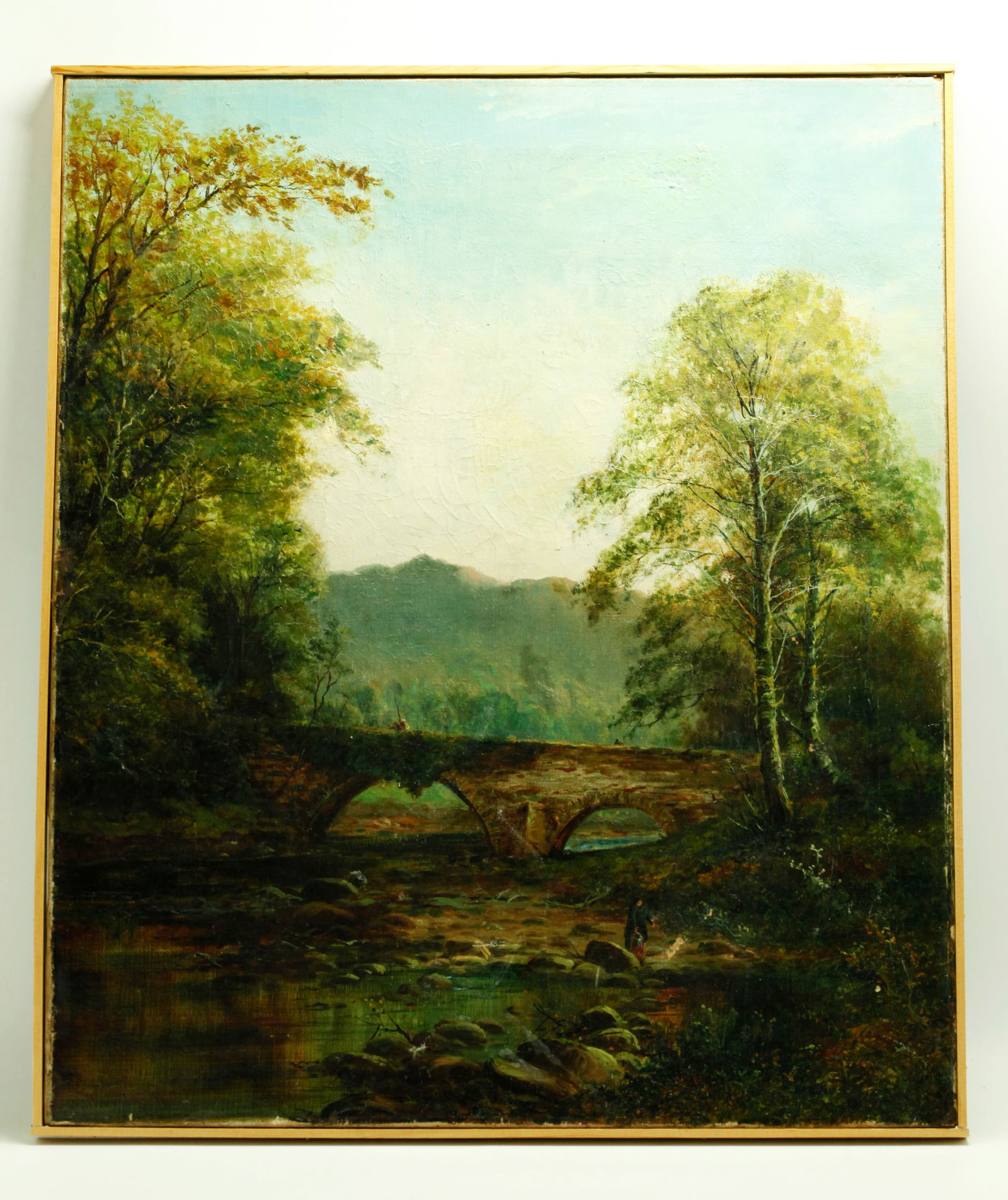 Irish/British 19th C Oil Canvas Landscape w Bridge (1 of 8)