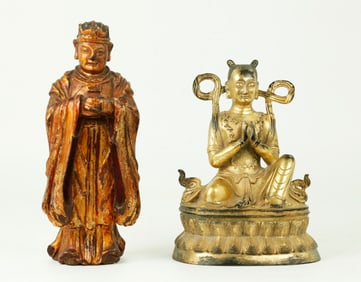 Chinese Gilt Lacquer Guardian & Gilt Bronze Buddha