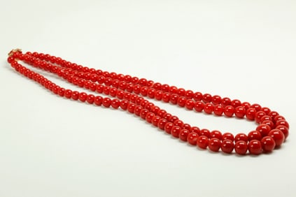 Fine Chinese Aka Dark Coral 2 Strand Necklace; 90G