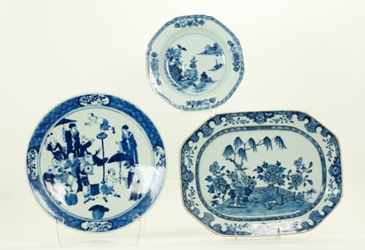 3 Chinese 18/19th C Blue & White Porcelain Plates