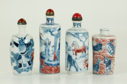 4 Chinese Blue & Red Porcelain Snuff Bottles