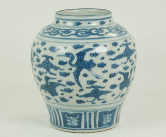Chinese Blue & White Porcelain Crane & Cloud Jar