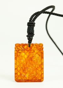 Chinese Amber Dragon Rectangular Pendant