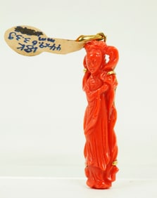Chinese Mini Dark Coral & 18K Lady Pendant
