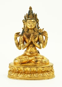 Tibetan Heavily Gilt Bronze Seated Avalokiteshvara