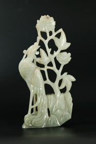 Chinese 19th C Pale Celadon Jade Phoenix & Peony