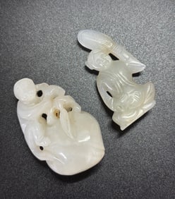 2 Chinese White Jade Toggles: Monkey, Peach & Boy