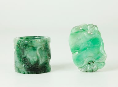 2 Chinese Jadeites: Lotus Pendant, Archer's Ring