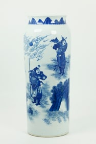 Lg Chinese Blue White Porcelain Vase w Soldiers