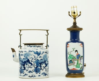 2 Chinese Porcelains: Blue & White Teapot & Lamp