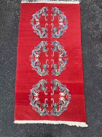 Tibetan Red Wool Carpet with 3 Dragon Roundels