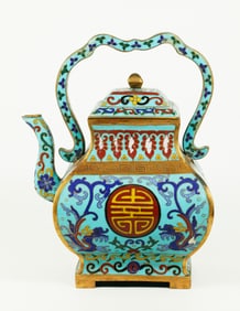 Lg Chinese Gilt Bronze & Cloisonne 4 Sided Teapot