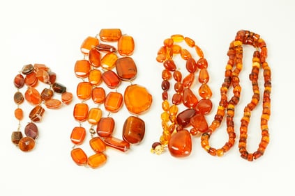 4 Vintage Amber Bead & Plaque Necklaces; 227G