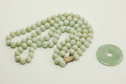 Chinese Pale Celadon 90 Jadeite Bead Necklace & Bi