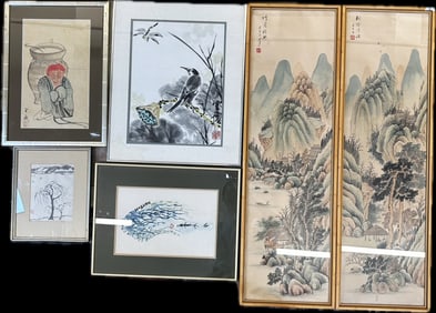 Six Chinese Painting, Landscape, Bird & Figure