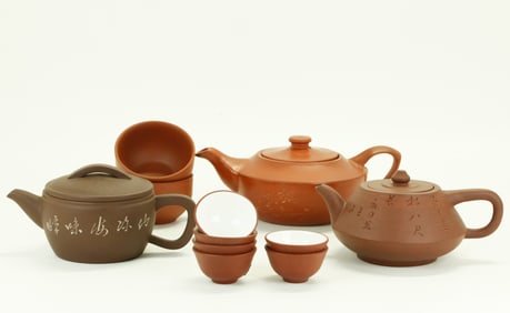 3 Chinese Yixing Zisha Teapots; 8 Teacups