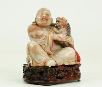 Fine Chinese Carved Soapstone Lohan & Dog