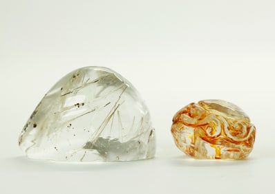 2 Chinese Rock Crystal Paper Weights Rabbit & Fish