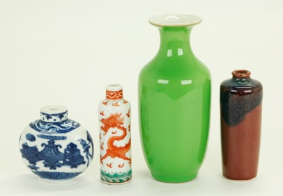 Chinese Small Porcelain Vase & 3 Snuff Bottles