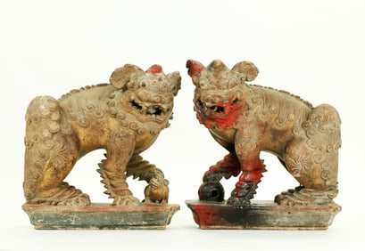 Pr Chinese 19th C Carved Wood Fu Lion Finials