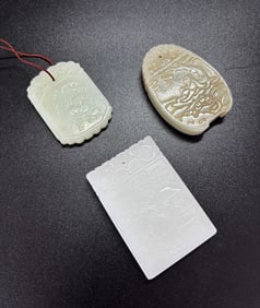 2 Chinese Jade Zigang Pendants; 1 Boy & Bat