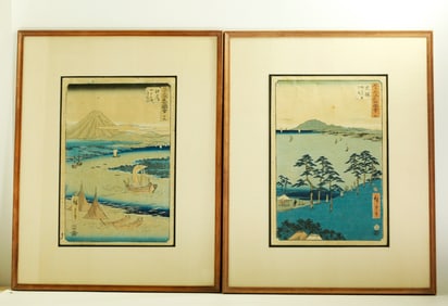 Utagawa Hiroshige 2 Woodblock Prints 19th C Framed