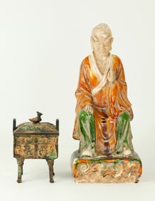 Chinese Sancai Pottery Seated Lohan; Iron Censer