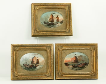 3 Chinese Export 19 C Oil Paintings Sailing Ships