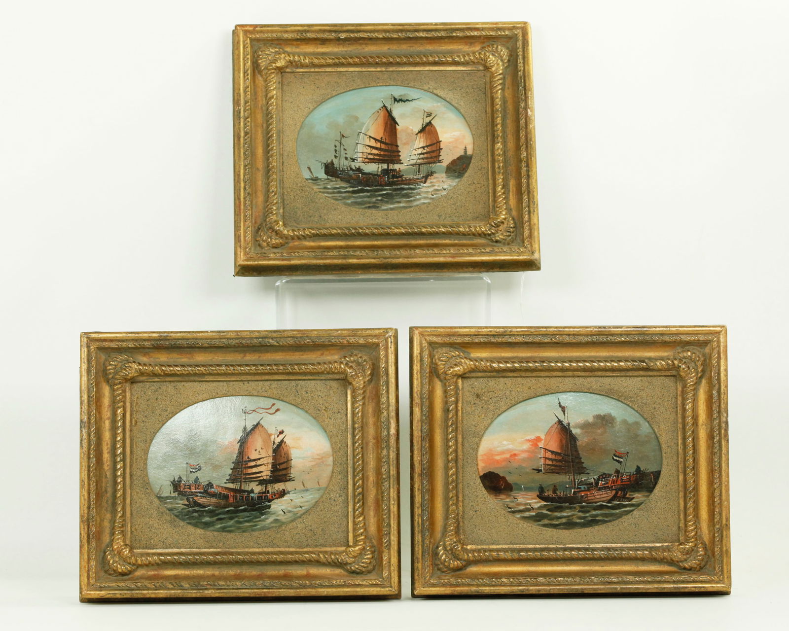 3 Chinese Export 19 C Oil Paintings Sailing Ships (1 of 5)