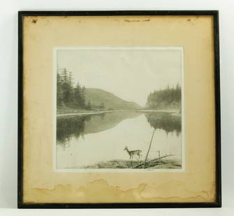 Kerr Eby; Etching on Paper Agawa Reach with Deer: Kerr Eby (1889 - 1946); Etching on paper "Agawa Reach" with Deer, signed and numbered Ed 100 in pencil to lower margin, matted and framed with an old label to back from Frederick Keppel Gallery as "Si