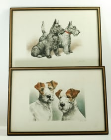 2 Vintage Colored Etchings Fox & Scottish Terriers