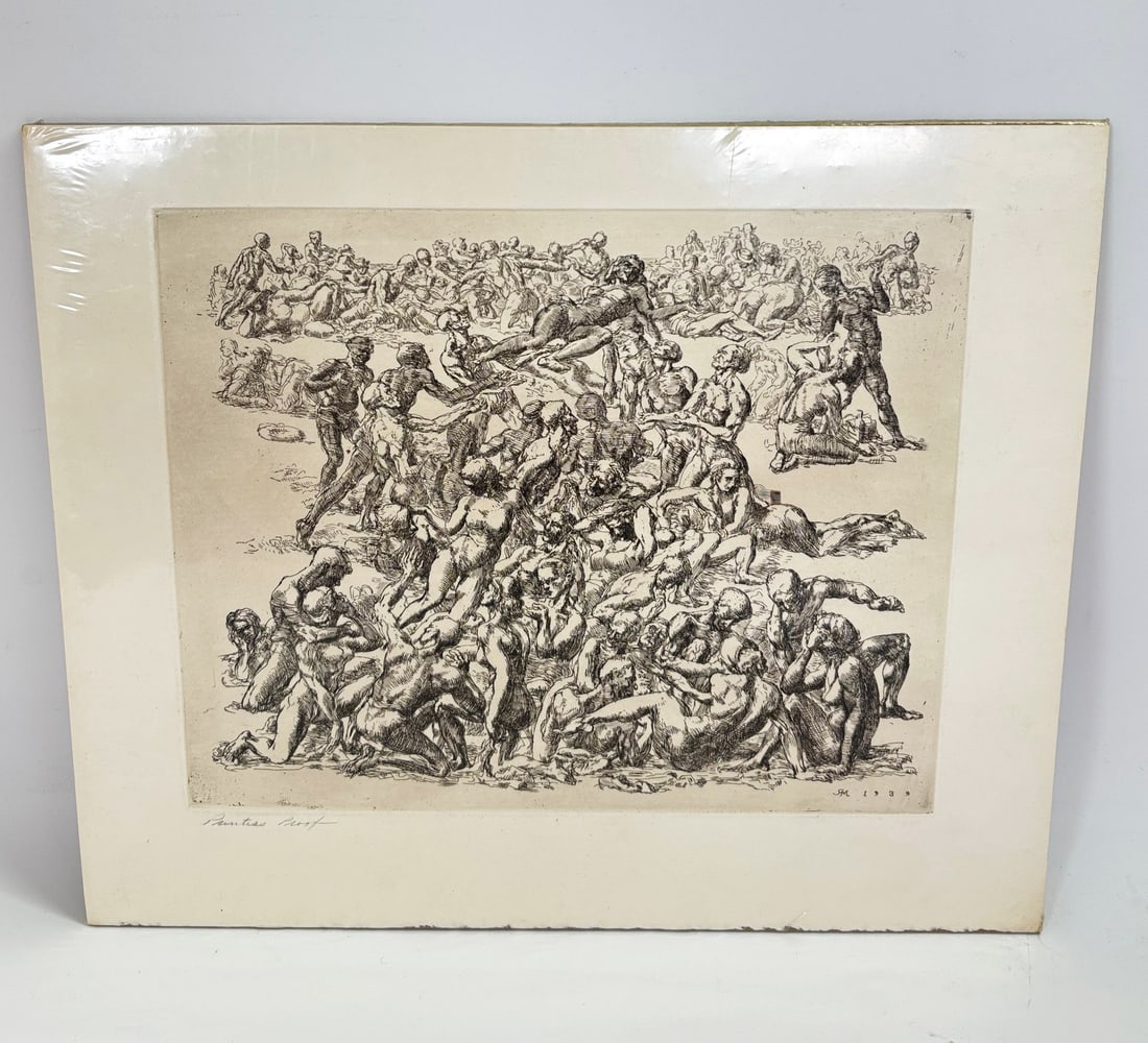 Reginald Marsh Coney Island Beach No 1 Etching: Reginald Marsh (American 1898-1954); Etching titled "Coney Island Beach No. 1" signed with monogram in the plate and dated 1939, with margins, signed in pencil to lower left margin "Printer's Proof".
