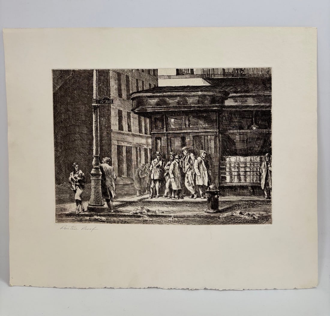 Reginald Marsh Etching 10th Avenue & 27th St Proof: Reginald Marsh (American 1898-1954); Etching titled "10th Avenue & 27th St" signed in the plate and dated 1931, with margins, signed in pencil to lower left margin "Printer's Proof". Height of art 7 3