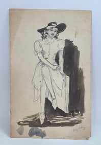 American Drawing on Paper Seated Girl in Hat