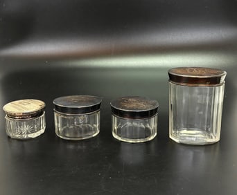 4 Edwardian Travelling Containers Glass & Silver