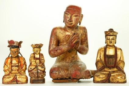 3 Chinese Qing Gilt Wood Figures; SE Asian Acolyte