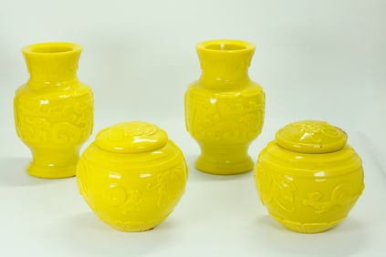 4 Chinese Yellow Peking Glasses; 2 Jars 2 Vases