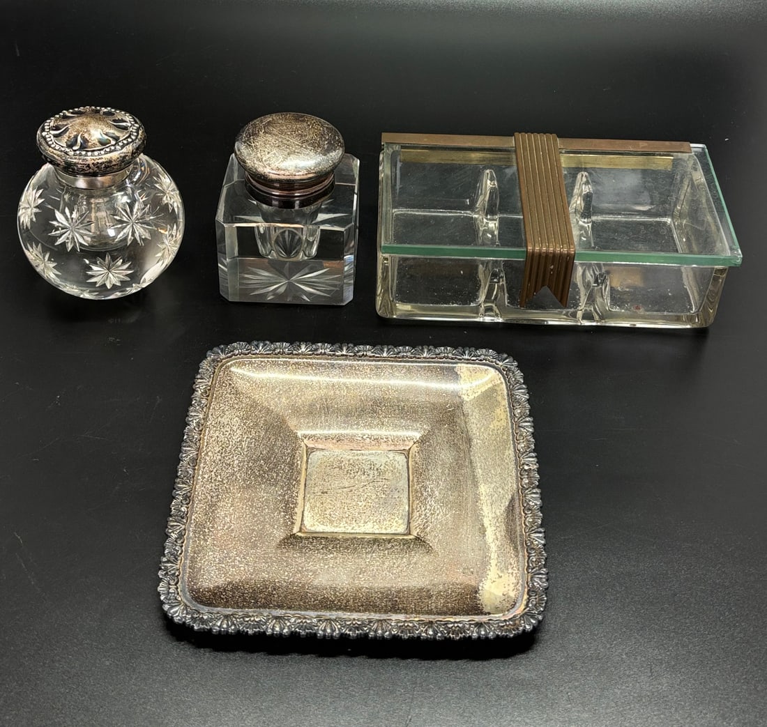 2 Glass Ink Wells, Sterling Tray, Deco Glass Box (1 of 7)