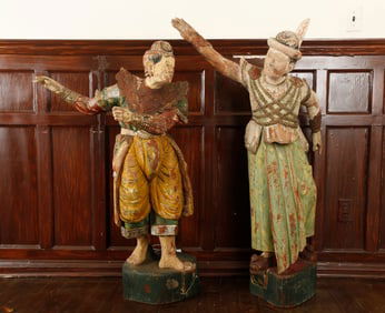 2 Large SE Asian Carved Wood Temple Figures