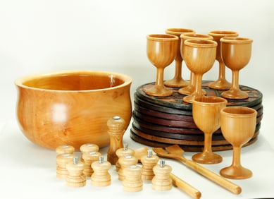 Mid Century Turned Wood Salad Bowl Goblets Etc