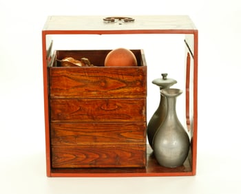 Japanese Wood Case 4 Boxes 2 Pewter Sake Bottles