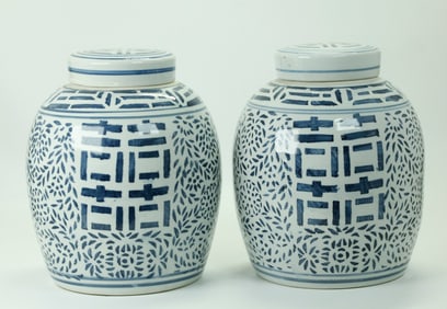 Pr Chinese Blue White Porcelain Shuangxi Jars