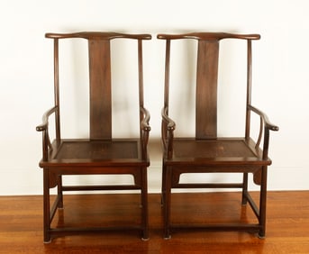 Pair Chinese Classic Ox-Bow Hi-Back Arm Chairs