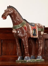 Lg Chinese Tang Style Gesso & Carved Wood Horse