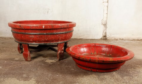 Lg Chinese Red Lacquered Wood large Bowl & Insert