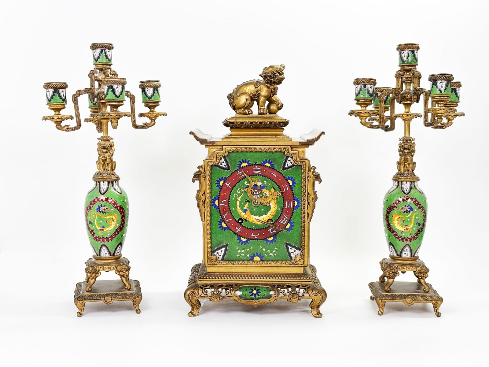 Le Roy 19C Chinoiserie Bronze Cloisonne Clock Set (1 of 13)