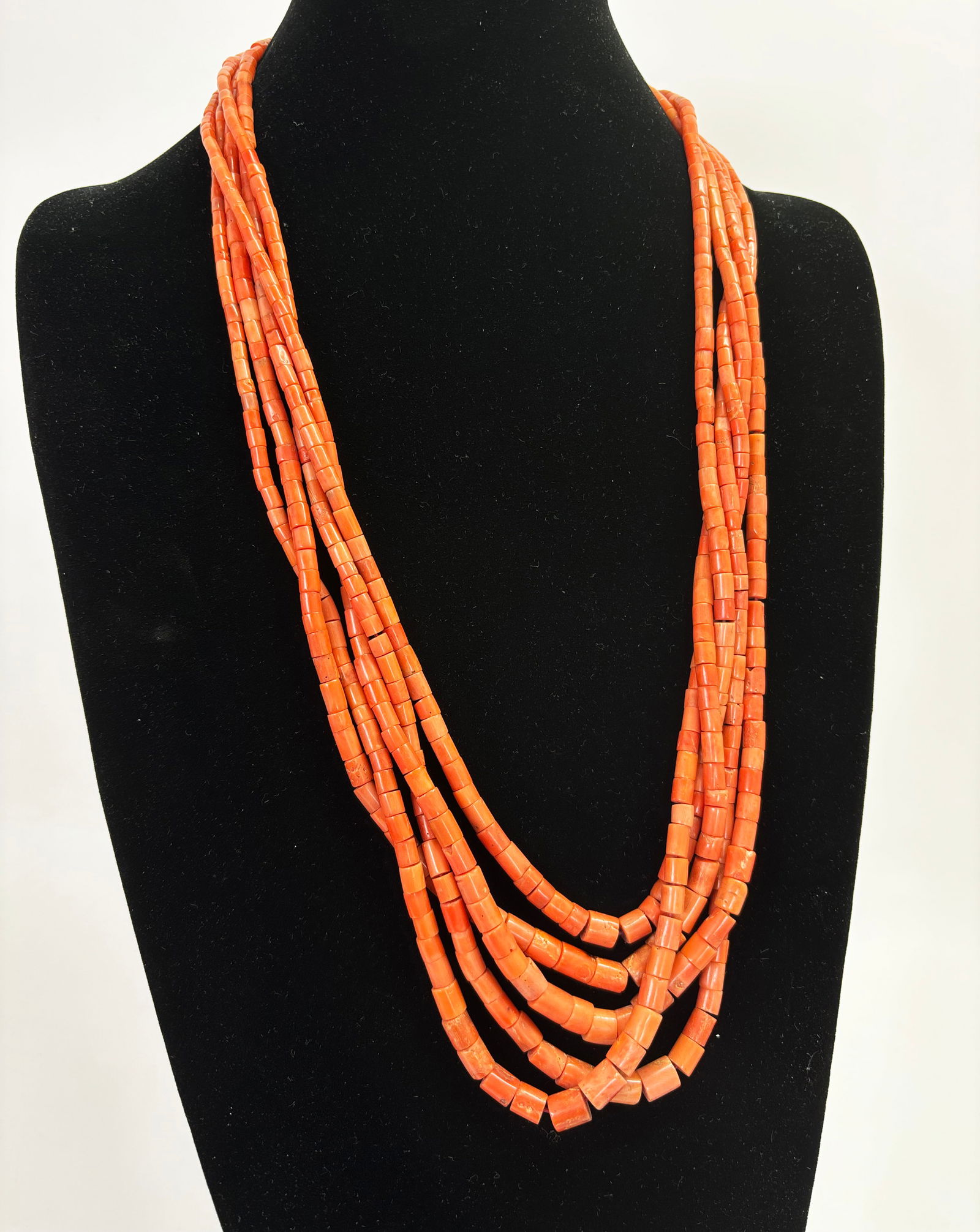 Ethnic Coral Tube Bead 5 Strand Necklace 165G: Ethnic Cultural Coral Tube Bead 5 Strand Necklace. Total weight 165 grams. approximate length 27 inches (68.5 cm.).