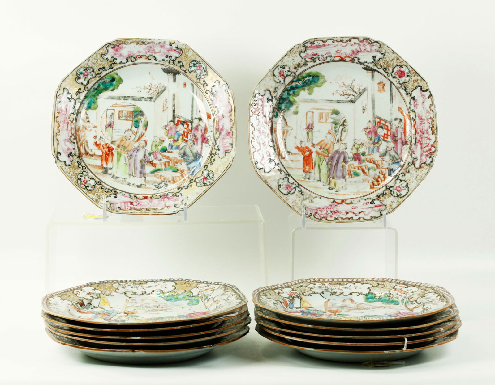 12 Chinese 18 C Enameled Porcelain Octagon Plates (1 of 7)
