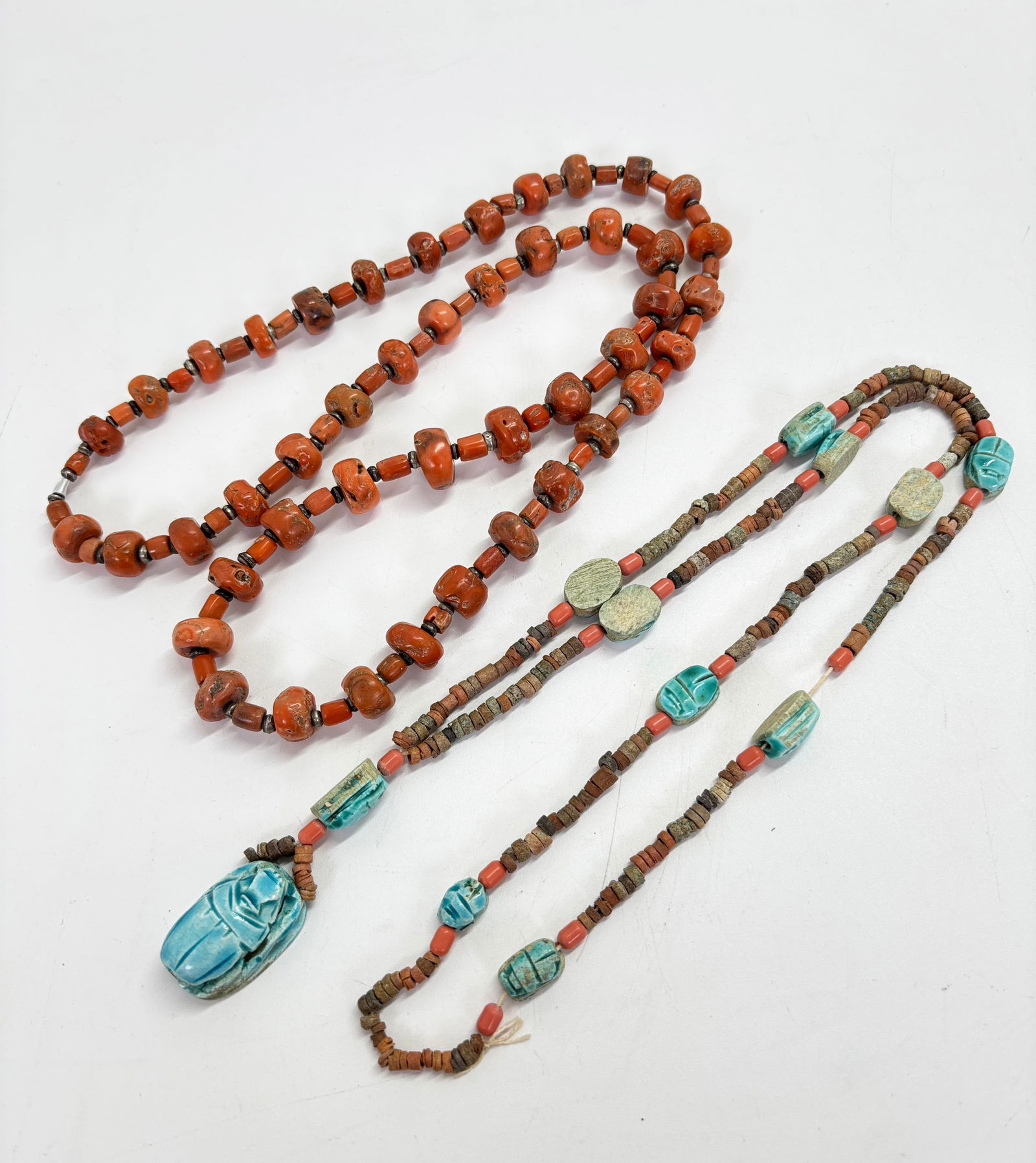 2 Vintage Necklaces Tibetan Coral Egyptian Scarab (1 of 6)